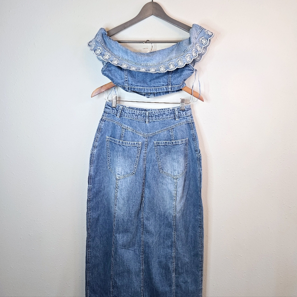 Free People Kora Crop Top Maxi Skirt Denim Embroidered Set Sz 2 NWT - Picture 10 of 15